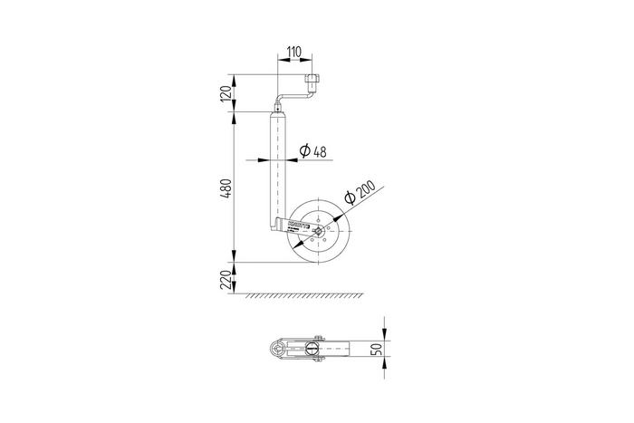 Опорно колело с чугунена скоба KNOTT TK48+LBG48 150кг 48мм 480-700мм